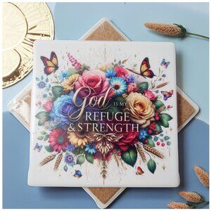 The Crowing Hen - Inspirational Floral Sandstone Coaster – “God is My Refuge"